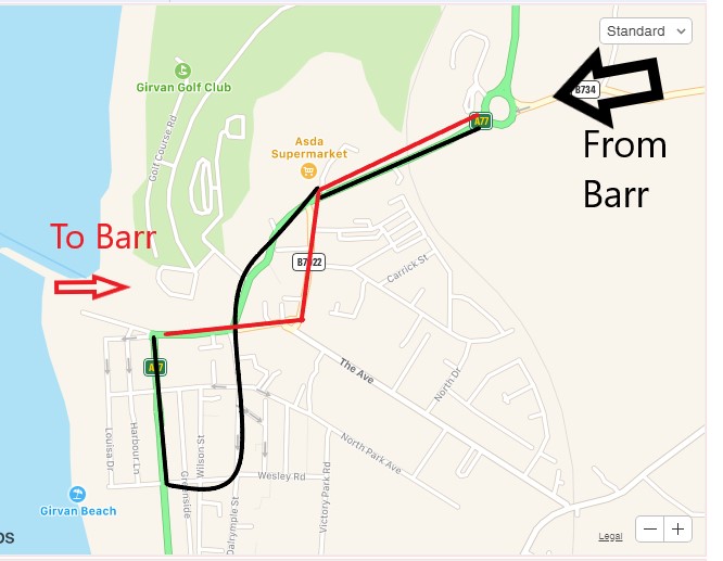 Route map of the CB8 Barr to Girvan Bus service